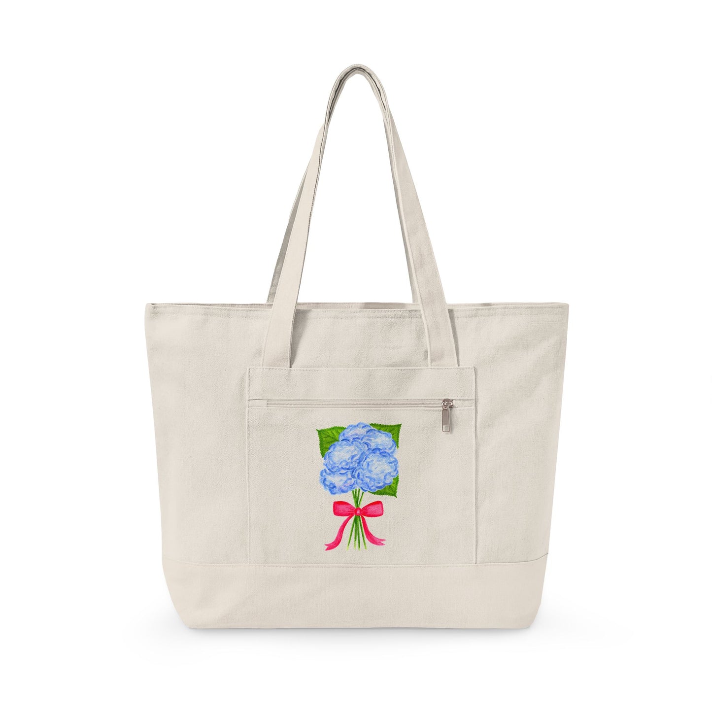 Blue Watercolor Hydrangeas with Hot Pink Bow Illustration Printed Zippered Canvas Tote 18" x 14" | Various Colors