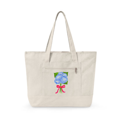 Blue Watercolor Hydrangeas with Hot Pink Bow Illustration Printed Zippered Canvas Tote 18" x 14" | Various Colors