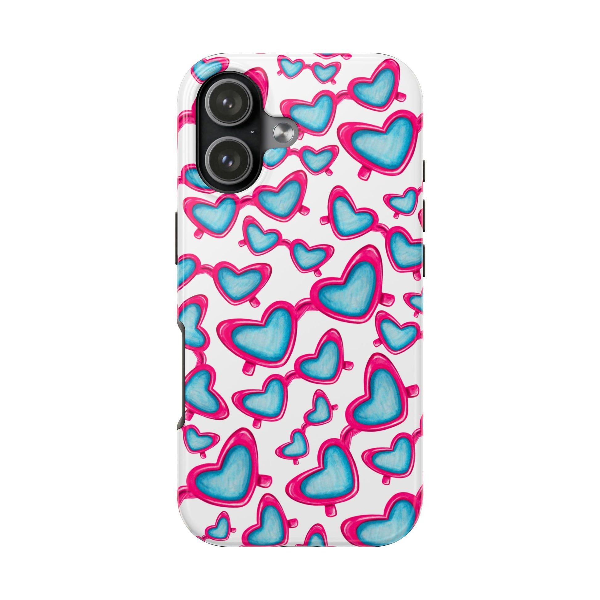 Pink & Blue Heart Shaped Sunglasses Watercolor Illustrated Tossed Pattern Tough Case | Various Models iPhone 17