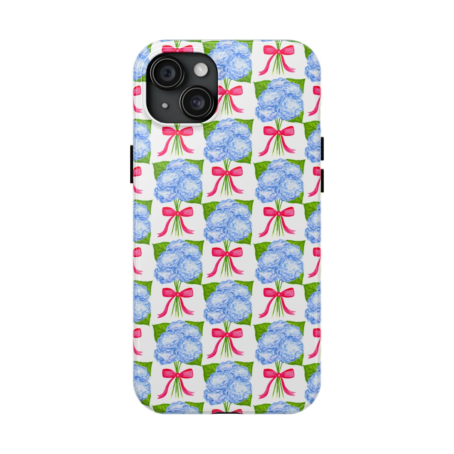 Blue Watercolor Hydrangea Bouquets with Hot Pink Bows Illustrated Patterned Tough Phone Case | Various Models