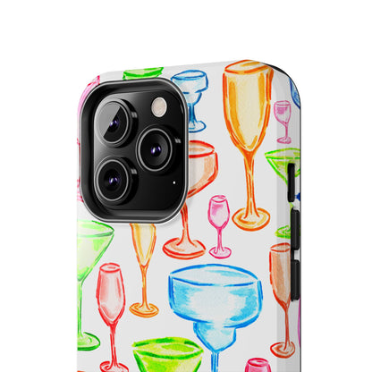 Monochromatic Margarita, Wine, Martini, and Champagne Flute Cocktail Glasses Watercolor Illustrated Tough Phone Case | Various Models Available