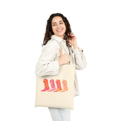 Canvas Tote | Row of Hot Pink and Orange Cowboy Boot Watercolor Illustrated Tote Bag | Western Preppy Gift | Coastal Cowgirl Market Tote