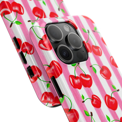 Tossed Red Watercolor Cherries Illustrated Pattern Light Pink Stripes Tough Phone Case | Various Models