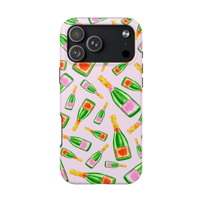 Tossed Pink and Green & Orange and Green Watercolor Illustrated Champagne Bottles Pattern Blush Pink Tough Phone Case | Various Models
