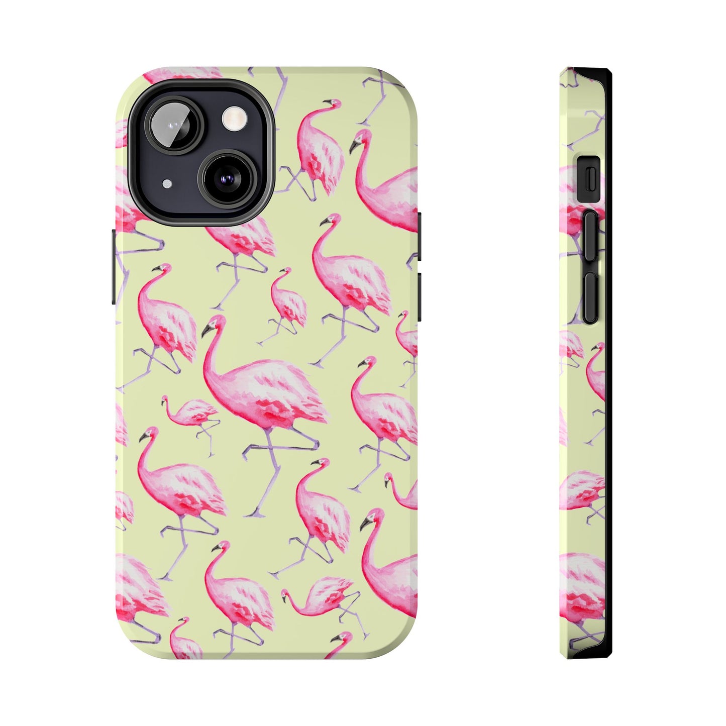Pink Flamingos Watercolor Illustrated Tossed Pattern Yellow Phone Case | Various Models iPhone 13 Mini