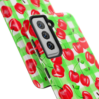 Red Tossed Cherries Green Gingham Watercolor Illustrated Tough Phone Case | Various Models Available