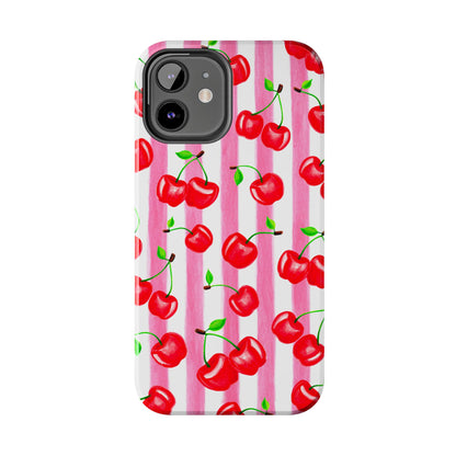 Tossed Red Watercolor Cherries Illustrated Pattern Light Pink Stripes Tough Phone Case | Various Models