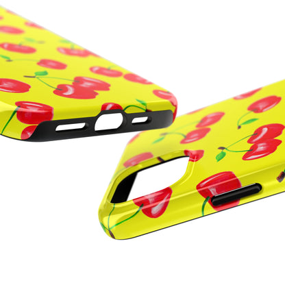 Tossed Red Watercolor Cherries Illustrated Pattern Bright Yellow Tough Phone Case | Various Models
