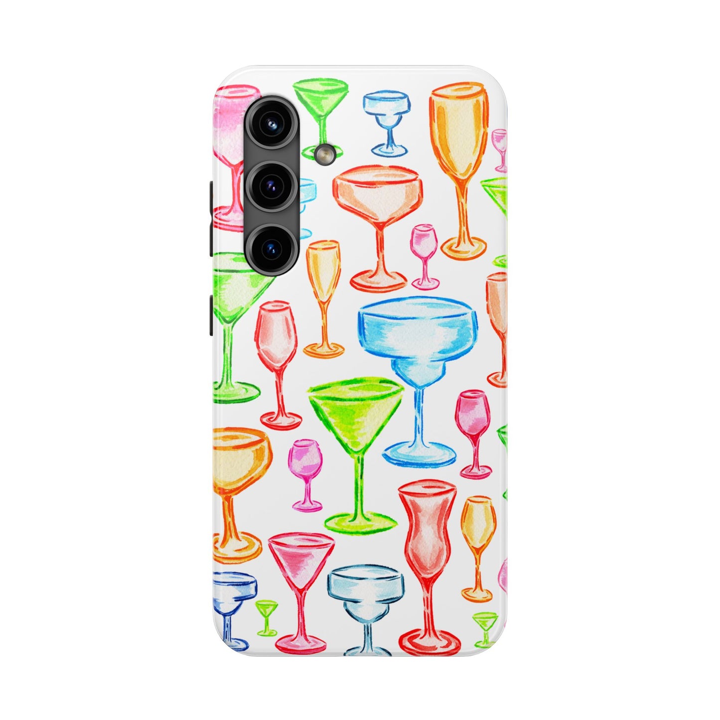 Monochromatic Margarita, Wine, Martini, and Champagne Flute Cocktail Glasses Watercolor Illustrated Tough Phone Case | Various Models Available