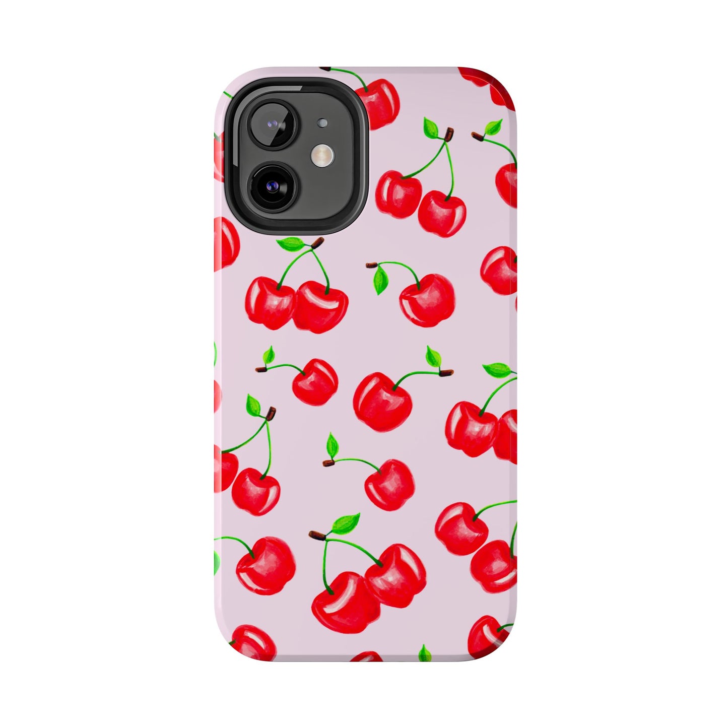 Tossed Red Watercolor Cherries Illustrated Pattern Light Pink Tough Phone Case | Various Models