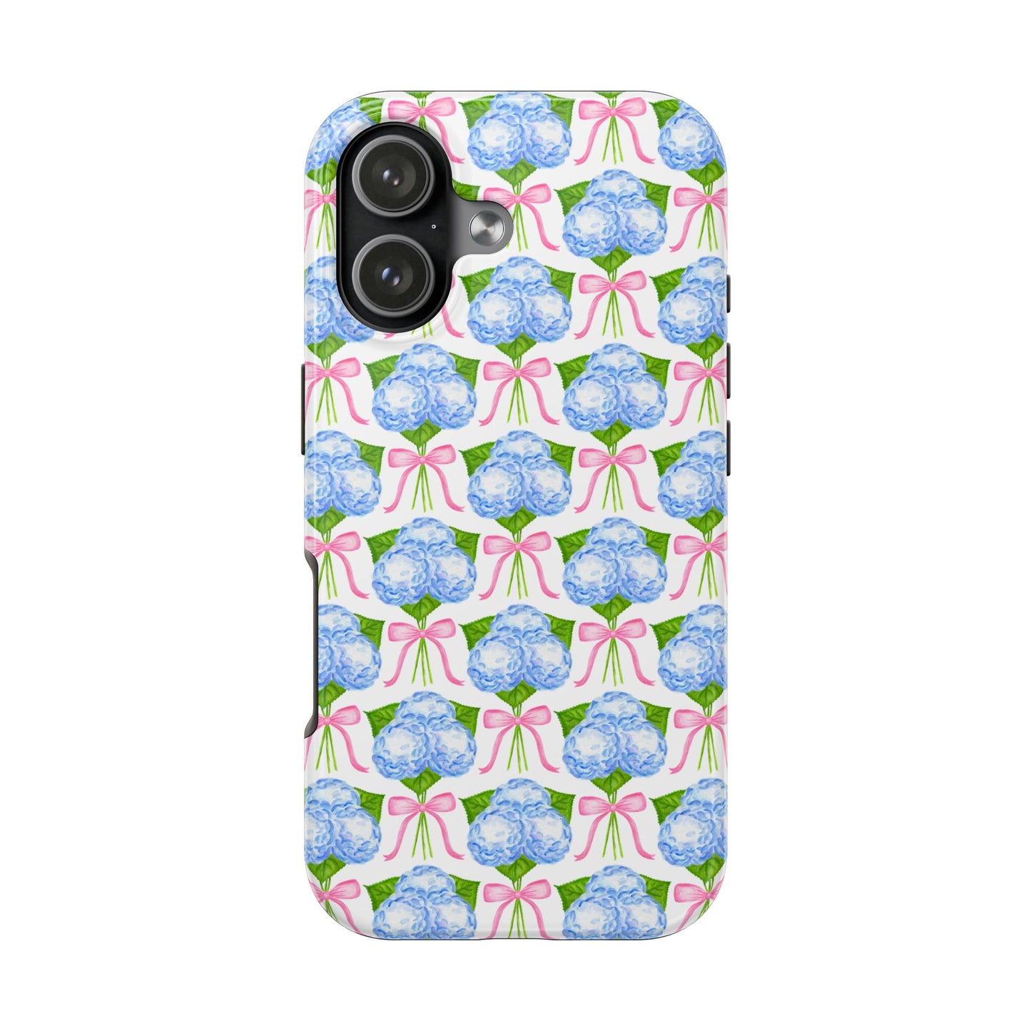 Blue Watercolor Hydrangea Bouqets with Light Pink Bows Watercolor Illustrated Patterned Tough Phone Case | Various Models
