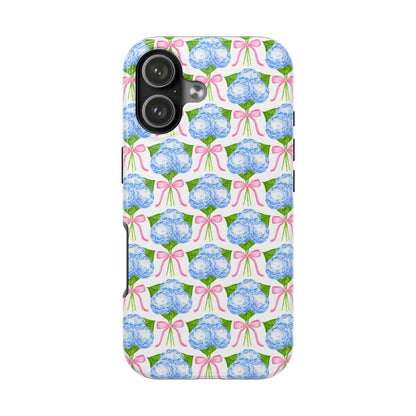 Blue Watercolor Hydrangea Bouqets with Light Pink Bows Watercolor Illustrated Patterned Tough Phone Case | Various Models