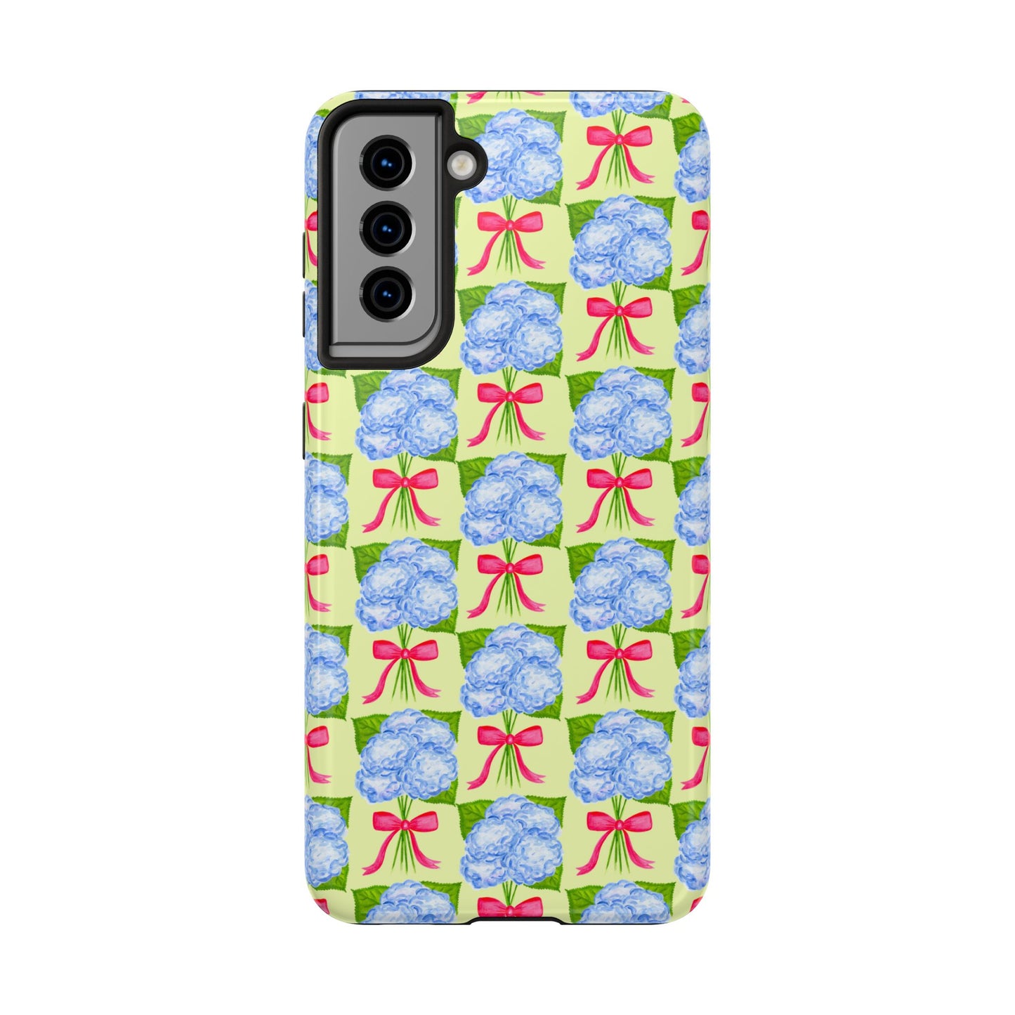 Blue Watercolor Hydrangea Bouquets with Hot Pink Bows Illustrated Patterned Yellow Preppy Grand Millenial Tough Phone Case | Various Models
