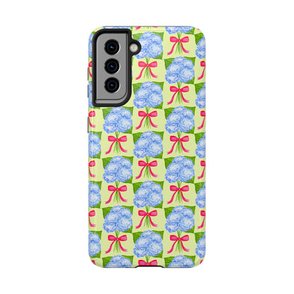 Blue Watercolor Hydrangea Bouquets with Hot Pink Bows Illustrated Patterned Yellow Preppy Grand Millenial Tough Phone Case | Various Models