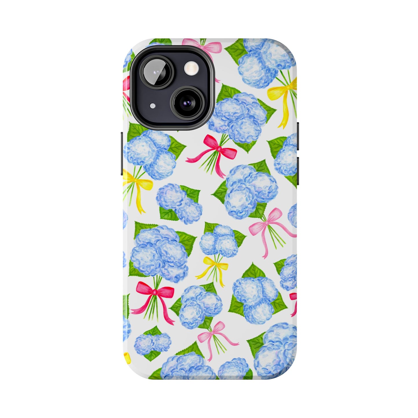 Blue Watercolor Hydrangea Bunches with Hot Pink, Yellow, Light Pink Bows Illustrated Patterned Tough Phone Case | Various Models