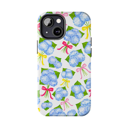 Blue Watercolor Hydrangea Bunches with Hot Pink, Yellow, Light Pink Bows Illustrated Patterned Tough Phone Case | Various Models