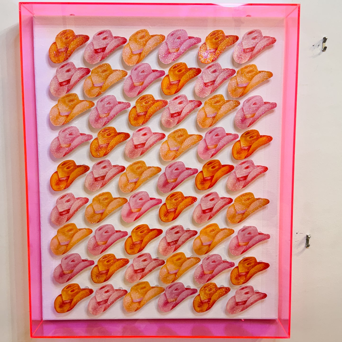 16” x 20” Glitter Embellished Watercolor Hot Pink & Orange Cowboy Hats 3D Push Pin Shadow Box Holographic Hot Pink