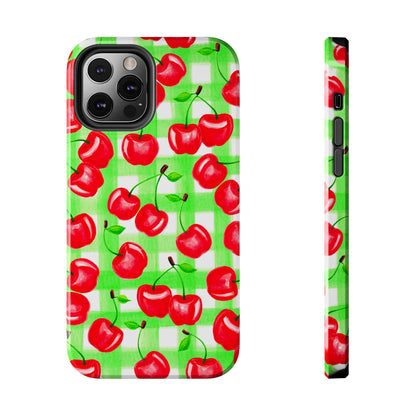 Red Tossed Cherries Green Gingham Watercolor Illustrated Tough Phone Case | Various Models Available