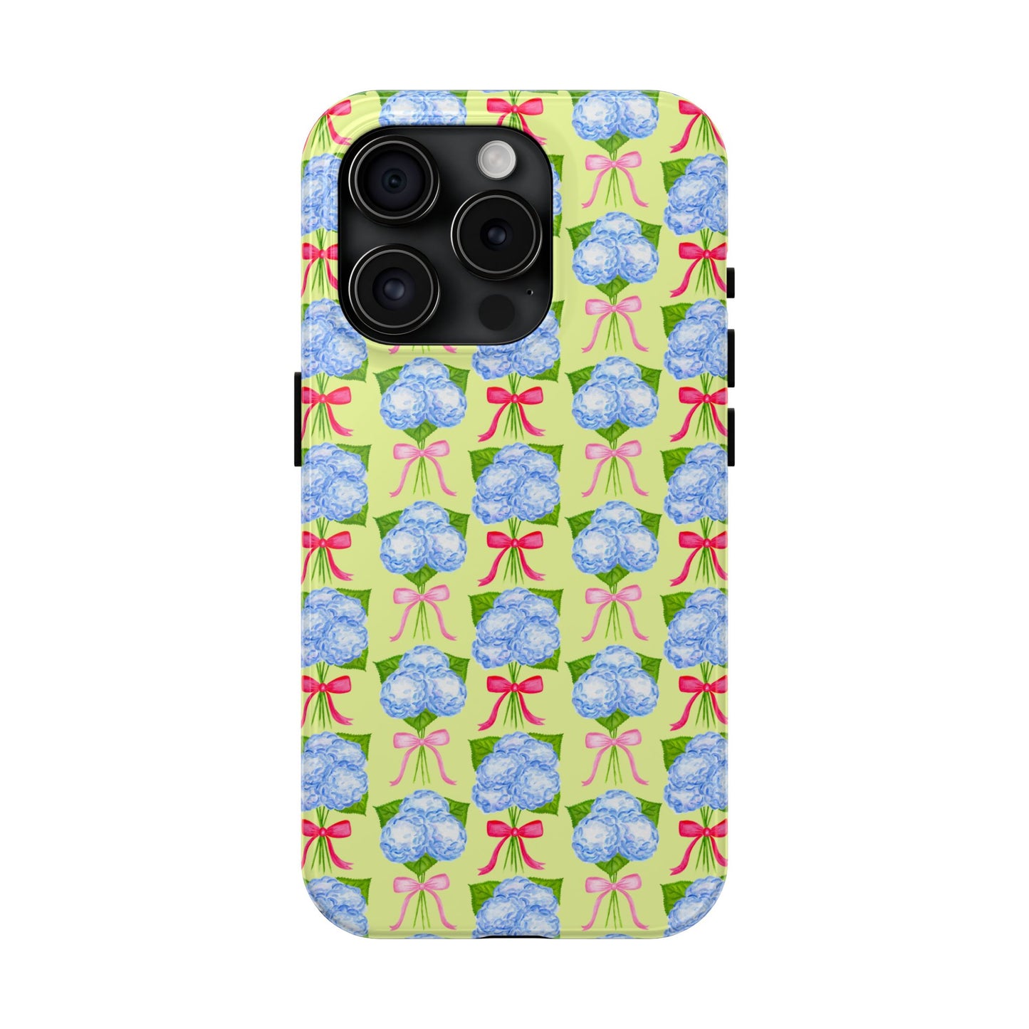 Watercolor Blue Hydrangea Bouquets with Hot Pink and Light Pink Bow Ribbons Illustrated Pattern Yellow Tough Phone Case | Various Models