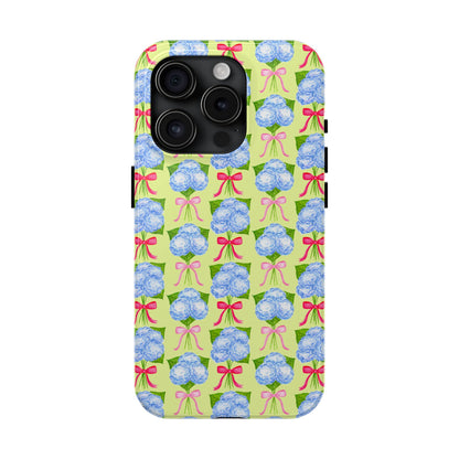 Watercolor Blue Hydrangea Bouquets with Hot Pink and Light Pink Bow Ribbons Illustrated Pattern Yellow Tough Phone Case | Various Models