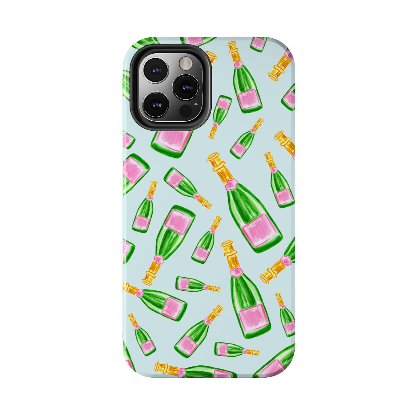 Tossed Pink and Green Watercolor Illustrated Champagne Bottles Pattern Light Blue Tough Phone Case | Various Models