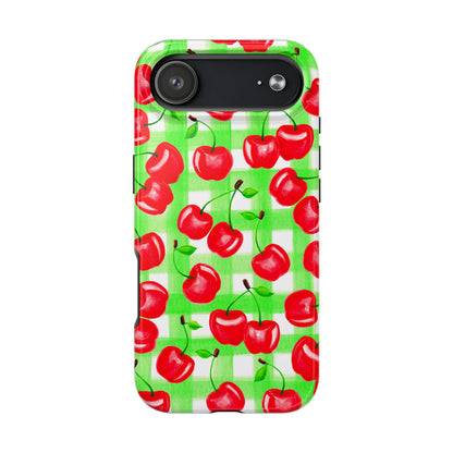 Red Tossed Cherries Green Gingham Watercolor Illustrated Tough Phone Case | Various Models Available