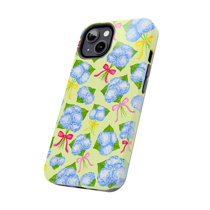 Blue Watercolor Hydrangea Bunches with Hot Pink, Yellow, Light Pink Bows Illustrated Patterned Yellow Tough Phone Case | Various Models