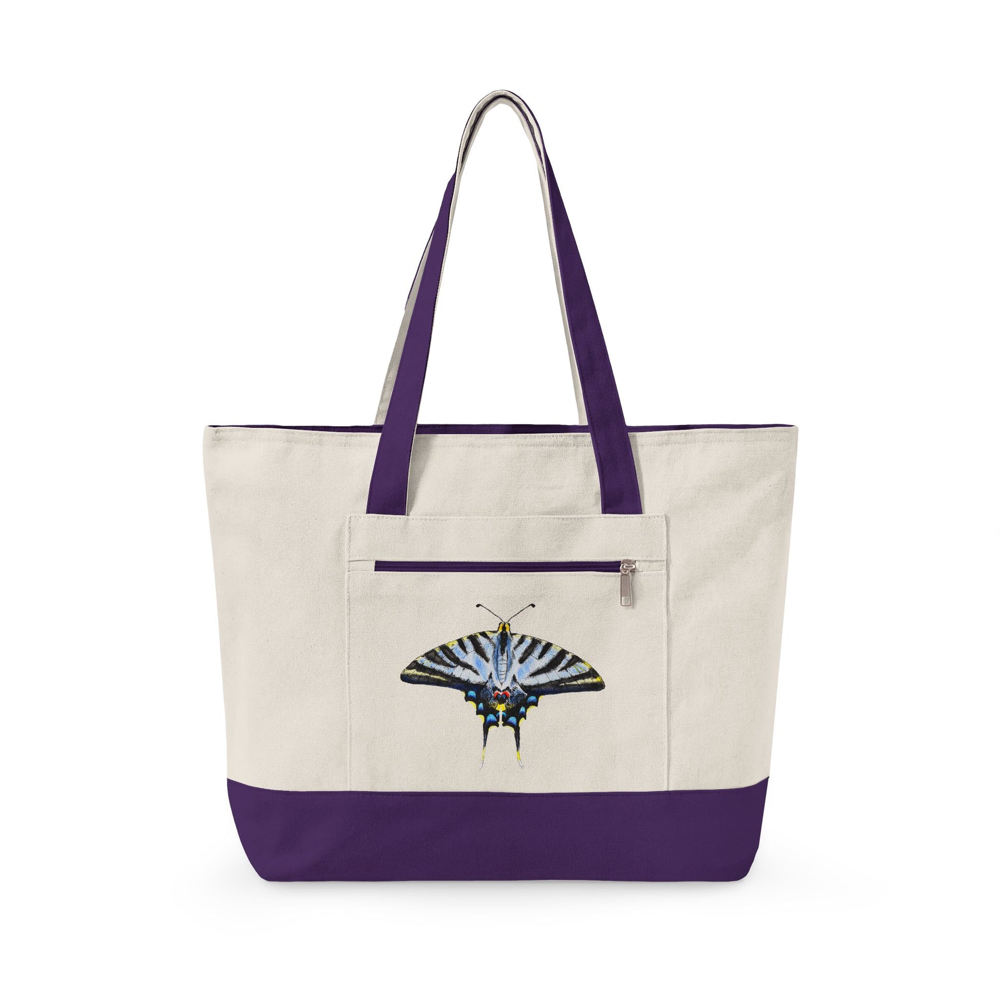 Light Blue Swallowtail Butterfly Watercolor Printed Zippered Canvas Tote 18" x 14" | Various Colors 18" x 14" x 4.5" Natural Purple