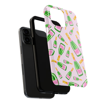 Tossed Pink and Green Watercolor Illustrated Champagne Bottles Pattern Blush Pink Tough Phone Case | Various Models