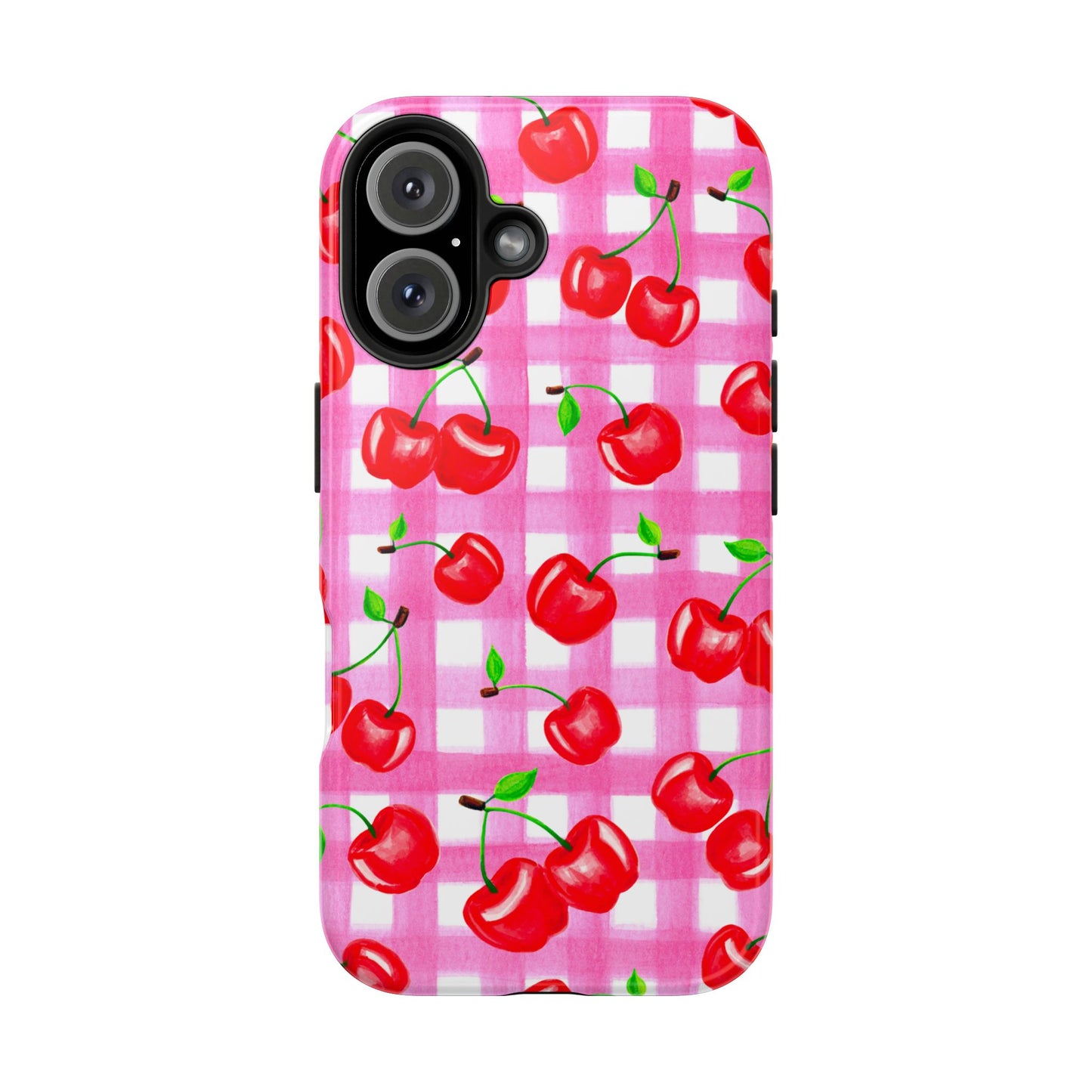 Tossed Red Watercolor Cherries Illustrated Pattern Light Pink Gingham Tough Phone Case | Various Models