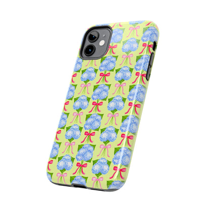 Watercolor Blue Hydrangea Bouquets with Hot Pink and Light Pink Bow Ribbons Illustrated Pattern Yellow Tough Phone Case | Various Models