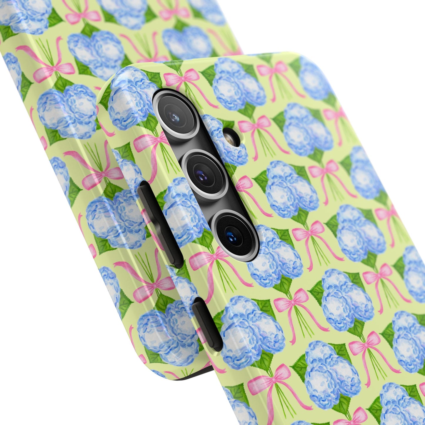Blue Watercolor Hydrangea Bouquets with Light Pink Bows Watercolor Illustrated Patterned Yellow Tough Phone Case | Various Models