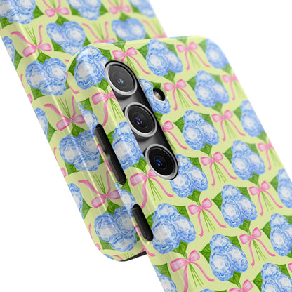 Blue Watercolor Hydrangea Bouquets with Light Pink Bows Watercolor Illustrated Patterned Yellow Tough Phone Case | Various Models