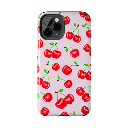 Tossed Red Watercolor Cherries Illustrated Pattern Light Pink Tough Phone Case | Various Models