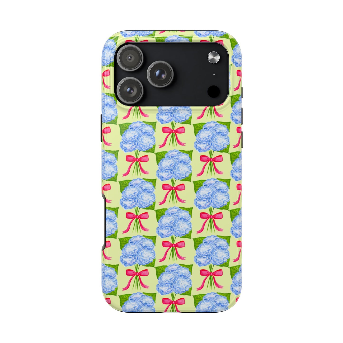 Blue Watercolor Hydrangea Bouquets with Hot Pink Bows Illustrated Patterned Yellow Preppy Grand Millenial Tough Phone Case | Various Models
