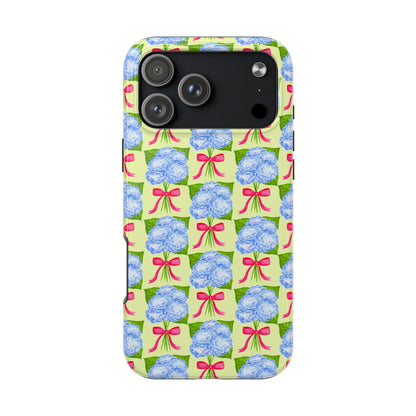 Blue Watercolor Hydrangea Bouquets with Hot Pink Bows Illustrated Patterned Yellow Preppy Grand Millenial Tough Phone Case | Various Models