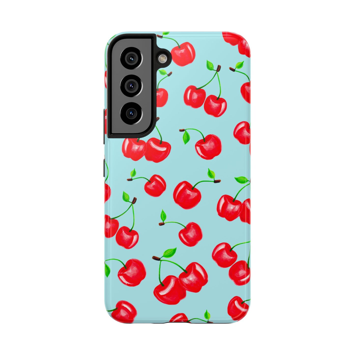Tossed Red Watercolor Cherries Illustrated Pattern Bright Blue Tough Phone Case | Various Models