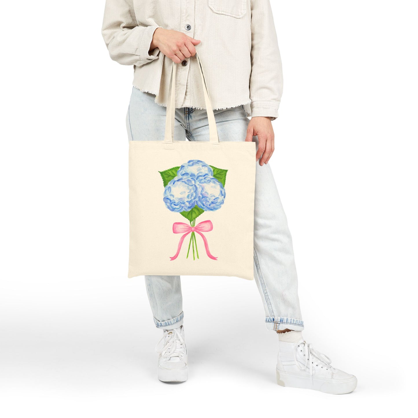 Canvas Book Tote | Blue Hydrangeas with Light Pink Bow Watercolor Printed Farmers Market Tote | Coastal Preppy Gifts