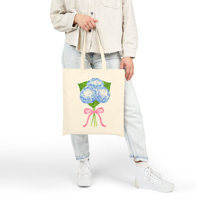 Canvas Book Tote | Blue Hydrangeas with Light Pink Bow Watercolor Printed Farmers Market Tote | Coastal Preppy Gifts