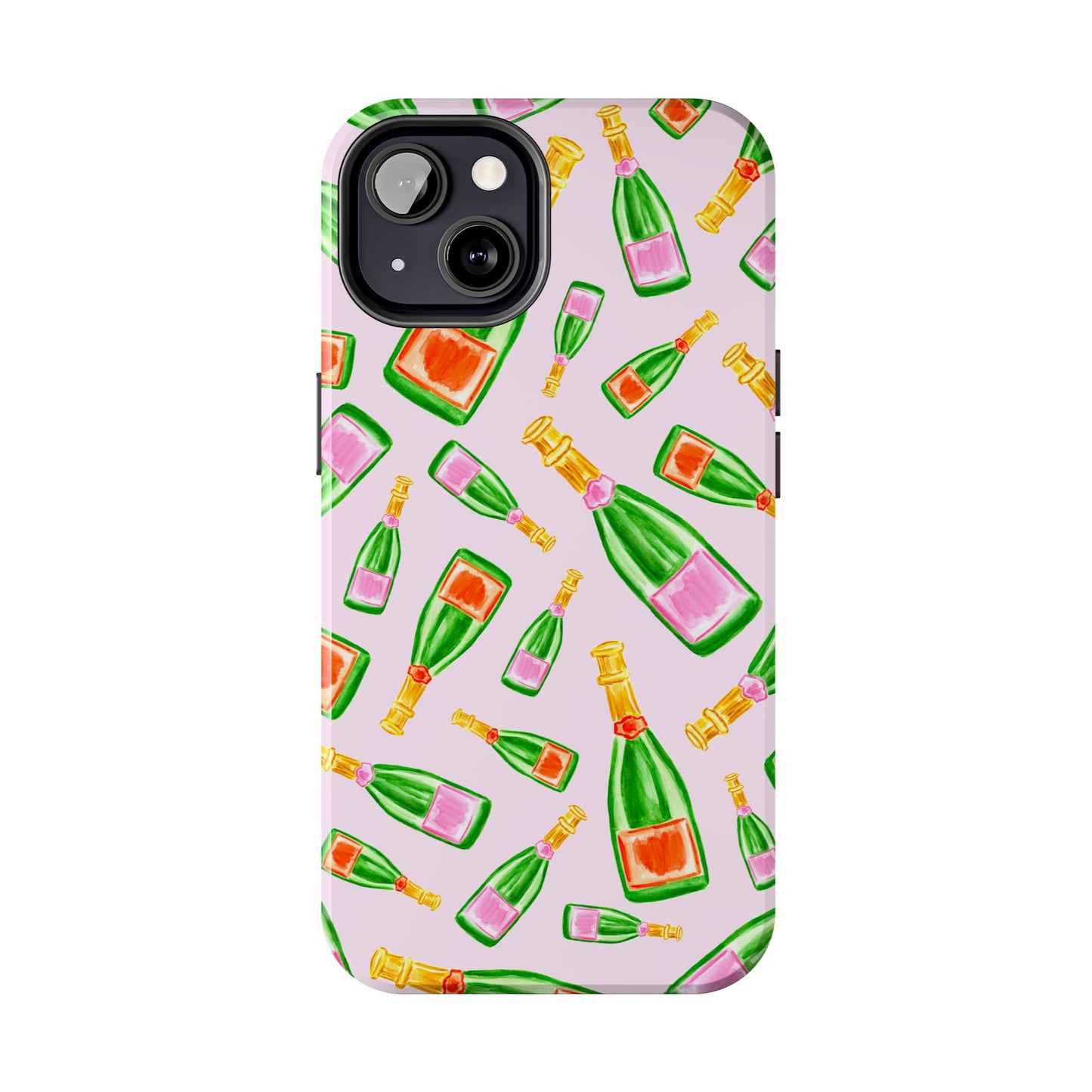 Tossed Pink and Green & Orange and Green Watercolor Illustrated Champagne Bottles Pattern Blush Pink Tough Phone Case | Various Models