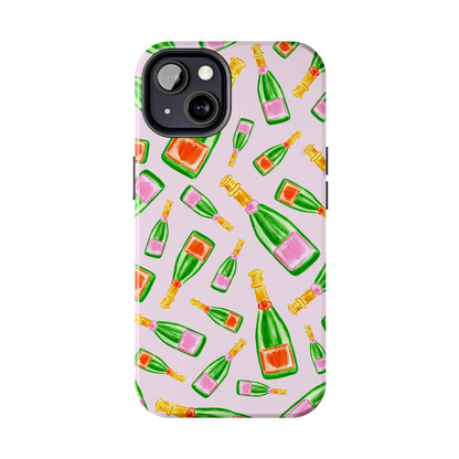 Tossed Pink and Green & Orange and Green Watercolor Illustrated Champagne Bottles Pattern Blush Pink Tough Phone Case | Various Models