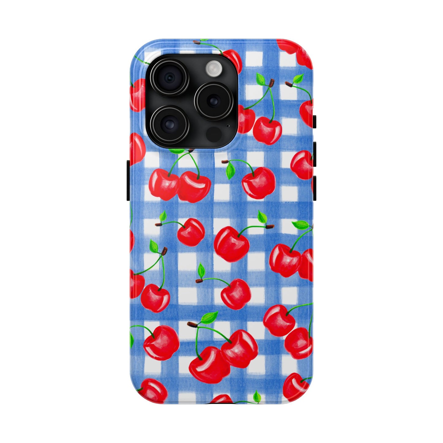 Tossed Red Watercolor Illustrated Cherries Light Blue Gingham Tough Phone Case | Various Models
