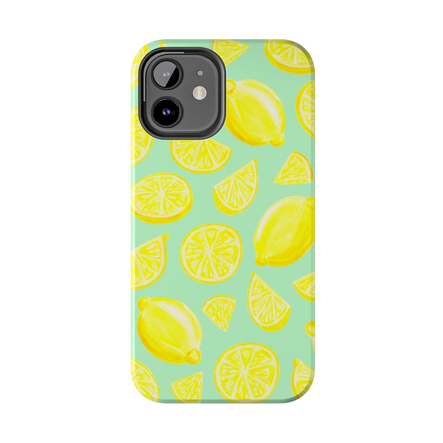 Bright Yellow Lemons Watercolor Illustrated Tossed Pattern Mint Green Tough Phone Case | Various Models