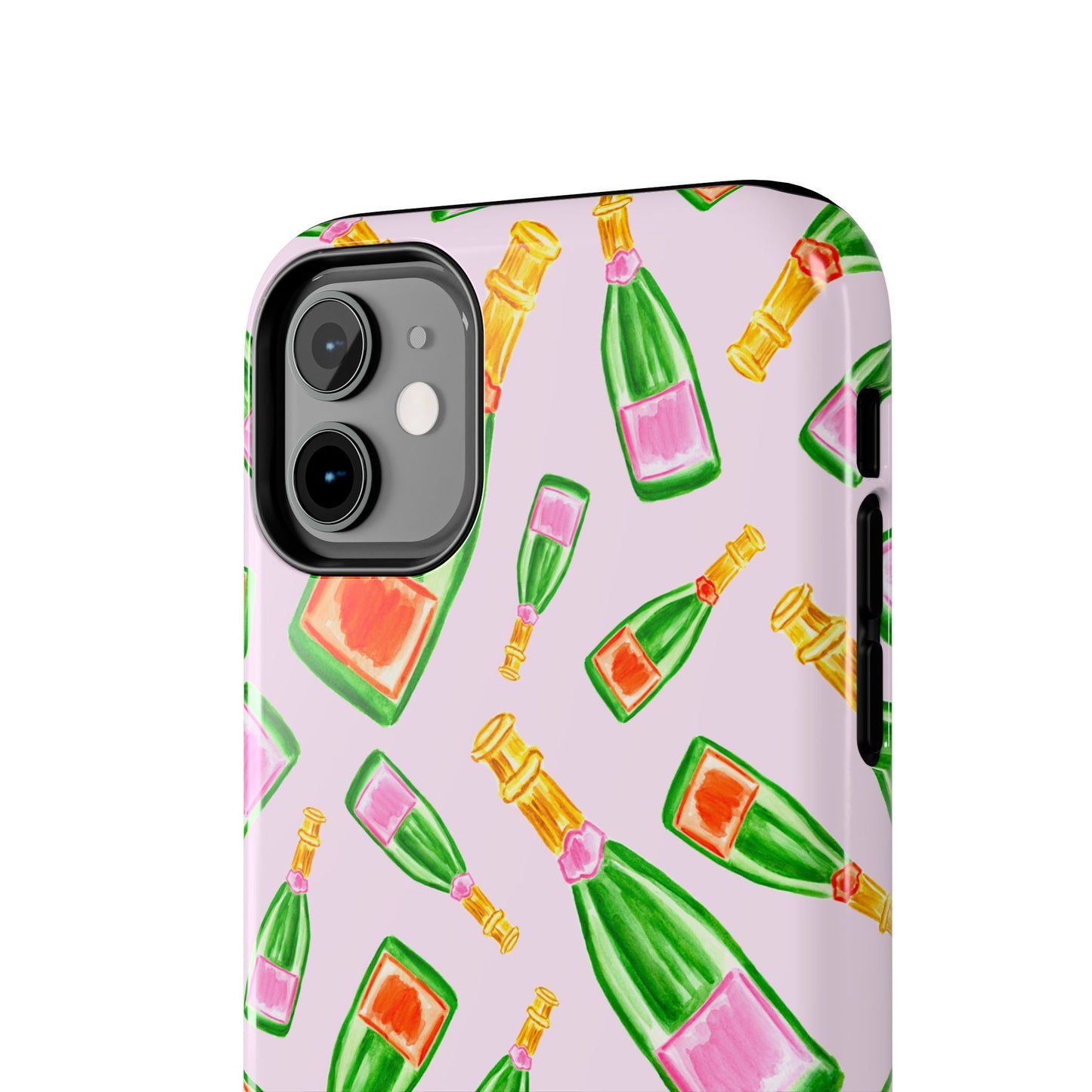 Tossed Pink and Green & Orange and Green Watercolor Illustrated Champagne Bottles Pattern Blush Pink Tough Phone Case | Various Models