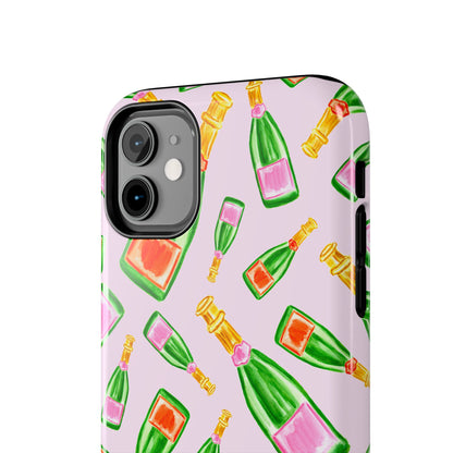 Tossed Pink and Green & Orange and Green Watercolor Illustrated Champagne Bottles Pattern Blush Pink Tough Phone Case | Various Models