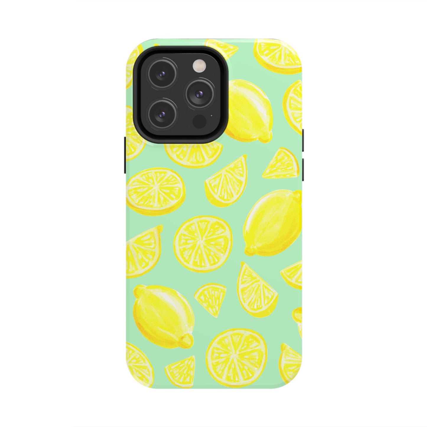 Bright Yellow Lemons Watercolor Illustrated Tossed Pattern Mint Green Tough Phone Case | Various Models