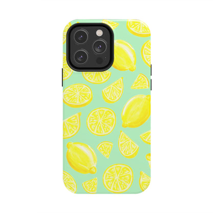 Bright Yellow Lemons Watercolor Illustrated Tossed Pattern Mint Green Tough Phone Case | Various Models