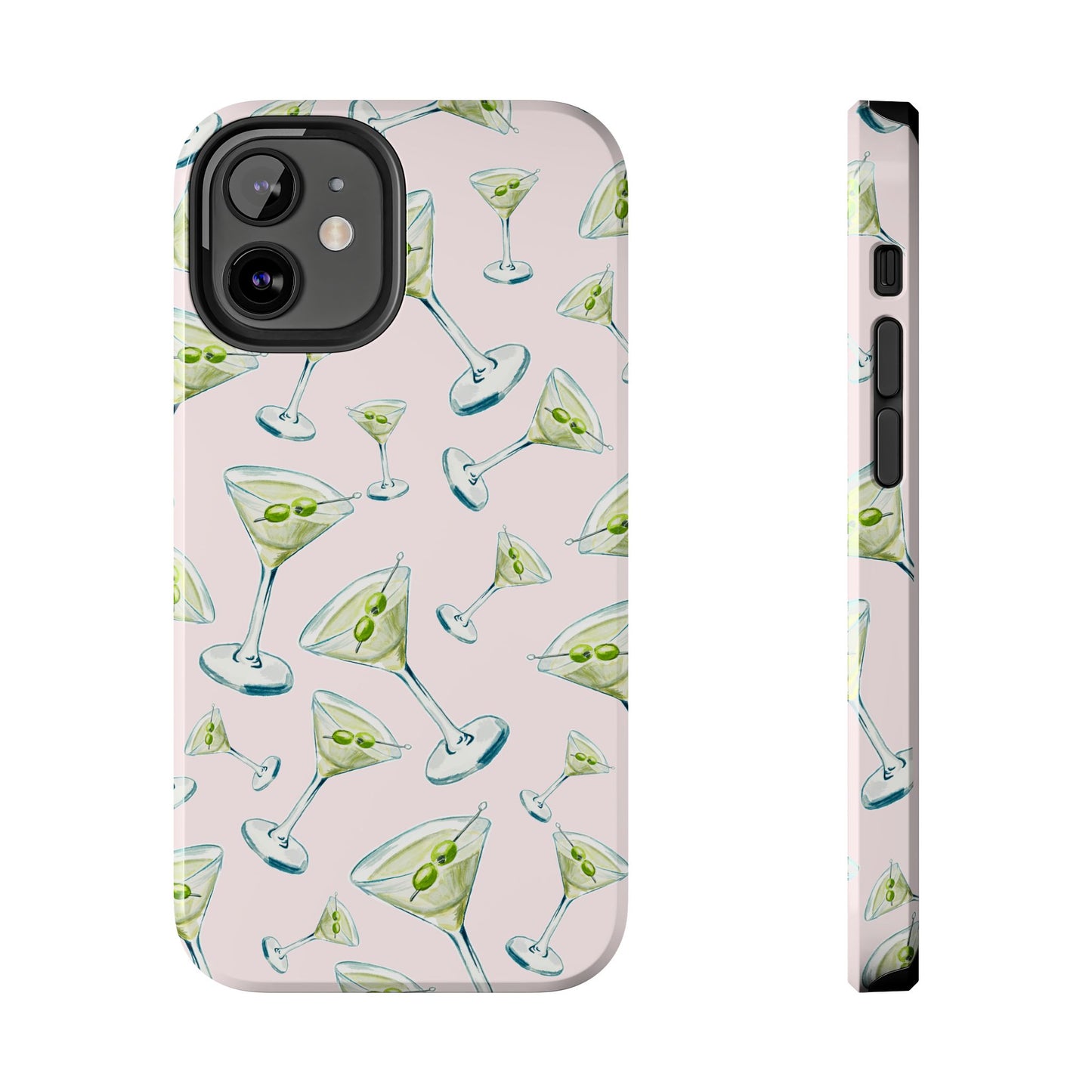 Watercolor Blue and Green Martinis Tossed Illustrated Pattern Blush Pink Tough Phone Case | Various Models