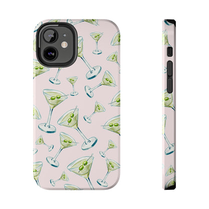 Watercolor Blue and Green Martinis Tossed Illustrated Pattern Blush Pink Tough Phone Case | Various Models
