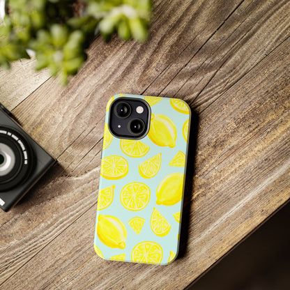 Bright Yellow Lemons Watercolor Illustrated Tossed Pattern Light Blue Tough Phone Case | Various Models